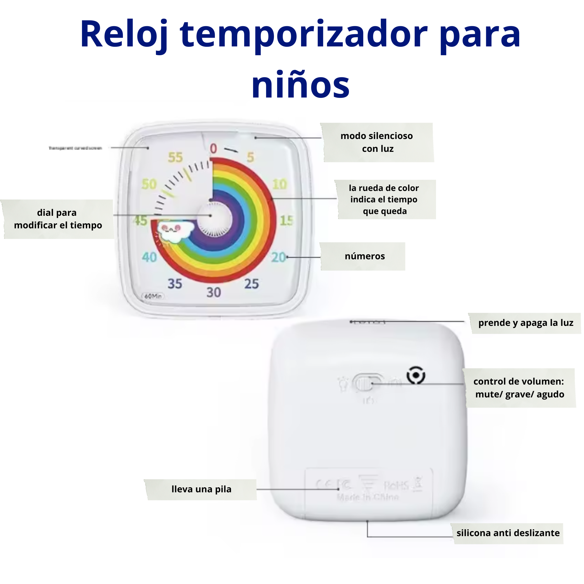Reloj Temporizador Visual con Luz y Sonido – Cuenta Regresiva de 60 Minutos para Niños