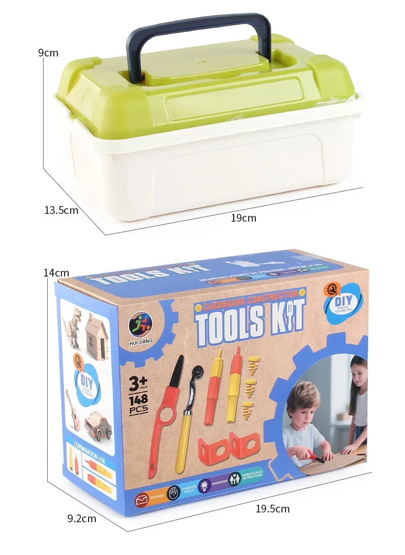 Kit de construcción de cartón con herramientas de juguete.