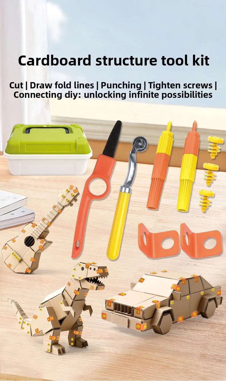 Kit de construcción de cartón con herramientas de juguete.