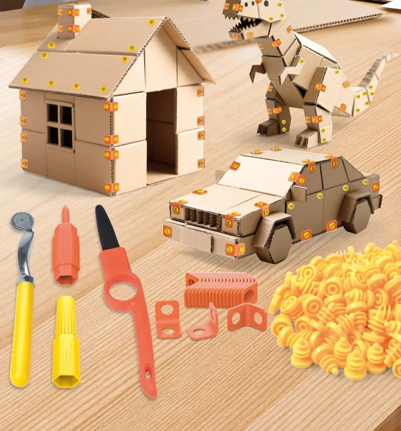 Kit de construcción de cartón con herramientas de juguete.