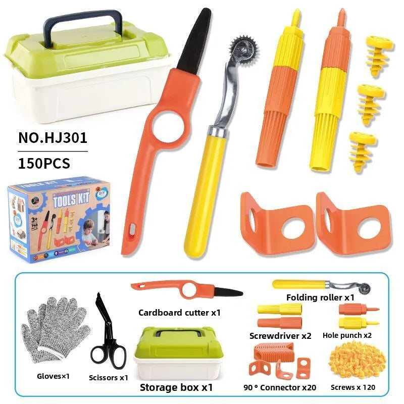 Kit de construcción de cartón con herramientas de juguete.